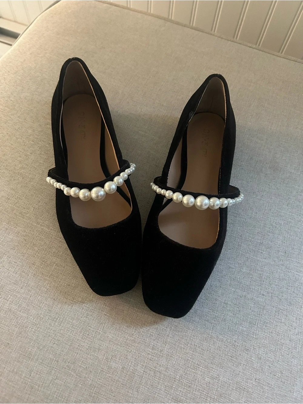 Black Pearl-Strap Velvet Mary Jane Flats